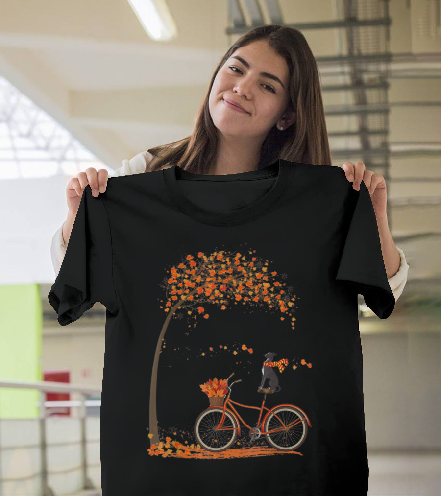 Greyhound Dog Riding Bicycle in Fall Leaves with Tree T-Shirt