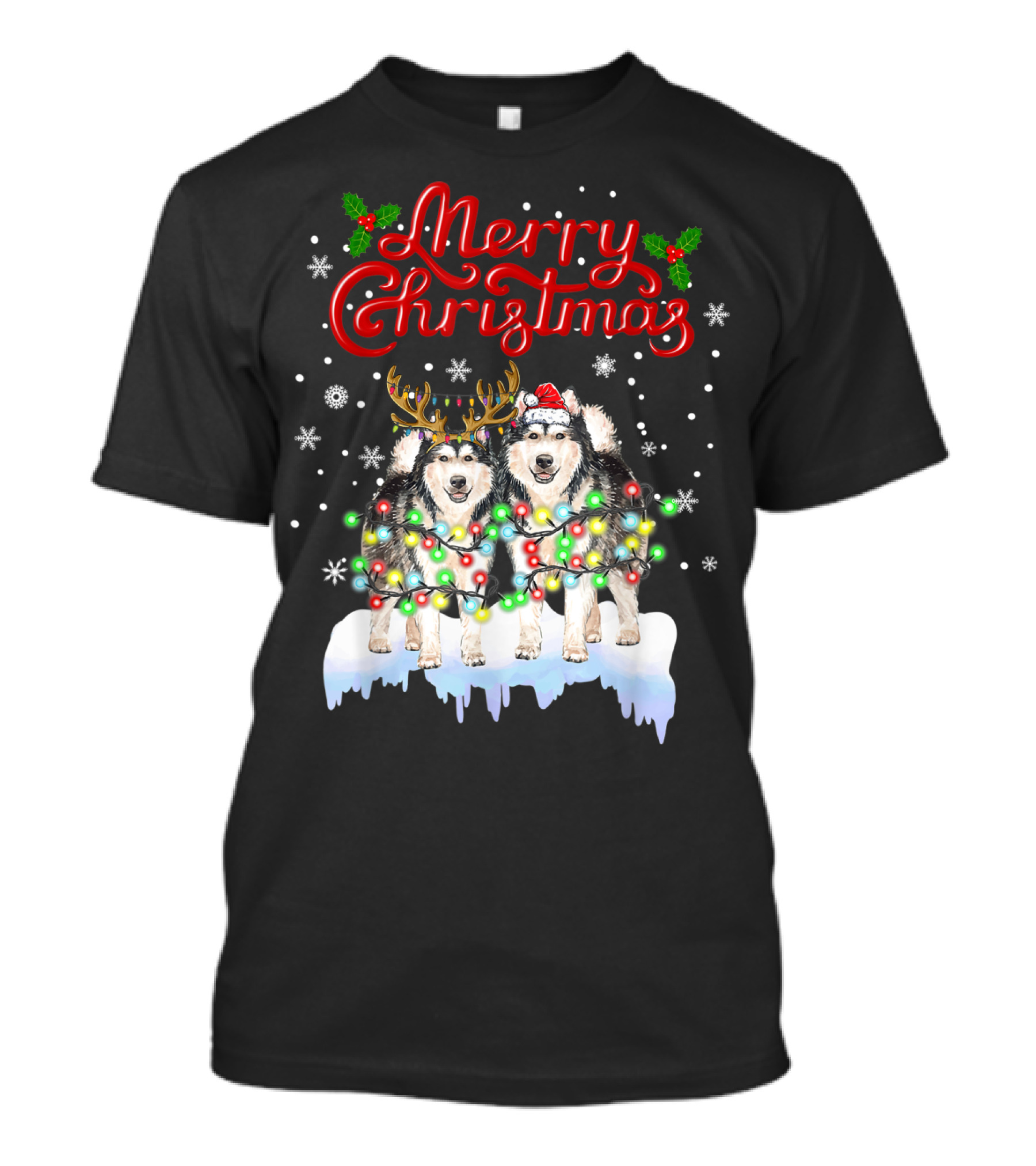 Merry Christmas Alaska Malamute Lights Funny Dog Snowflakes T-Shirt