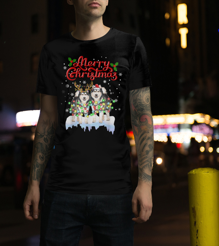 Merry Christmas Alaska Malamute Lights Funny Dog Snowflakes T-Shirt