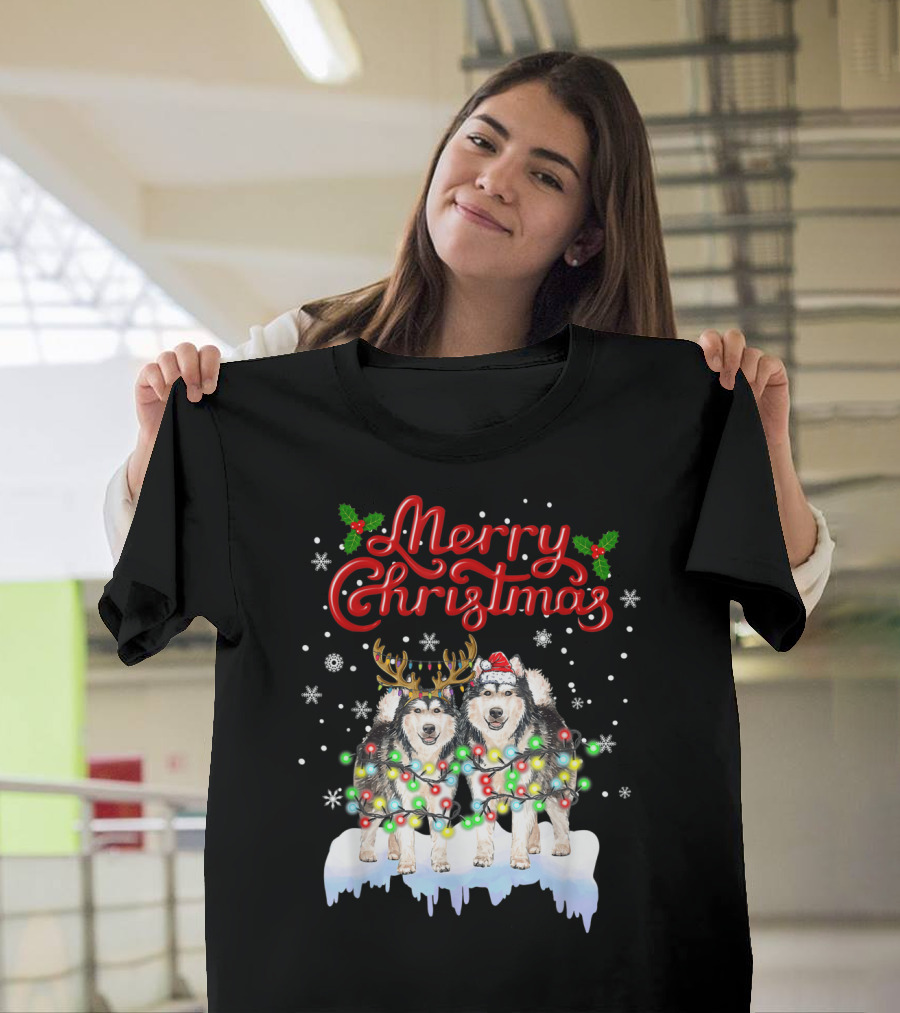 Merry Christmas Alaska Malamute Lights Funny Dog Snowflakes T-Shirt