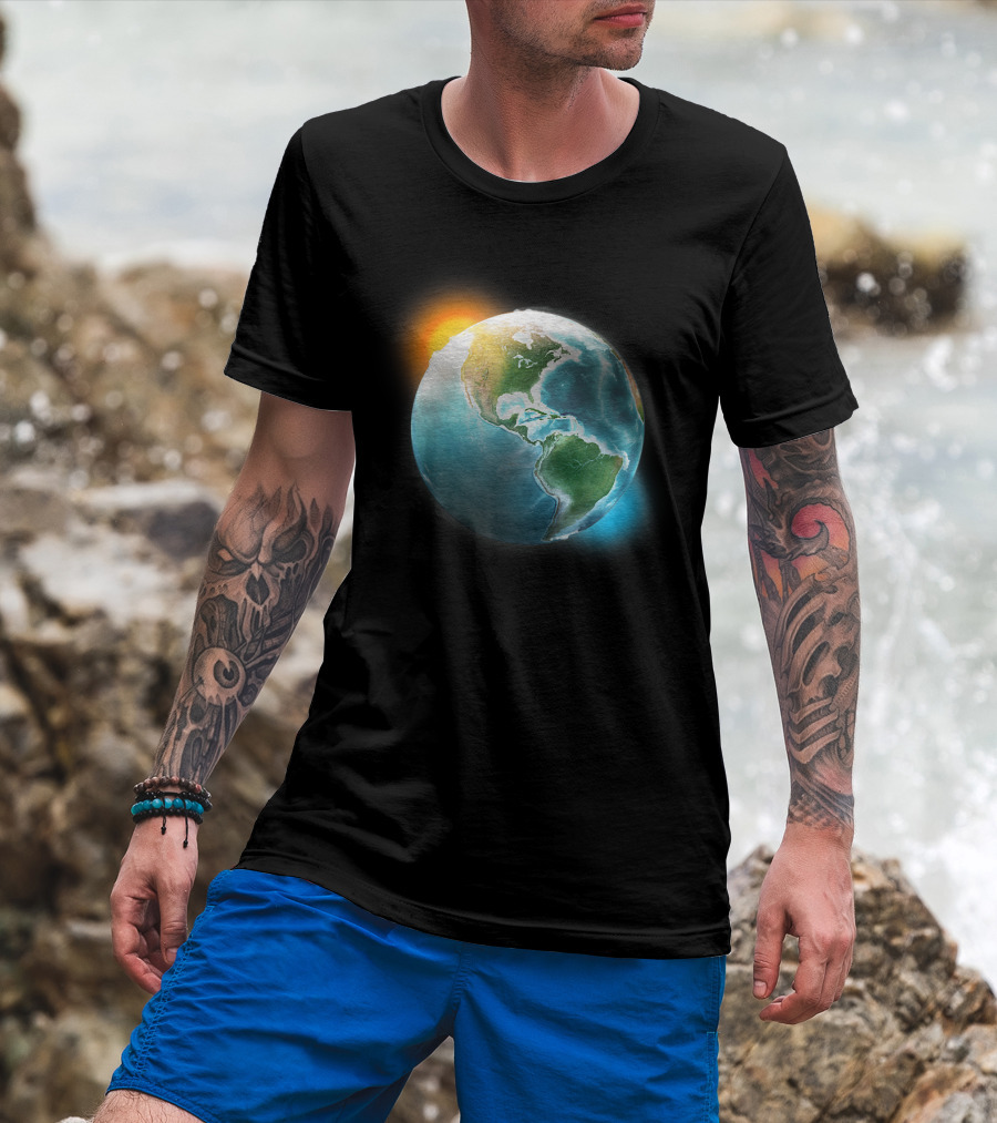 Planet Earth Perfect For Space Enthusiasts North And South America View With Sunlight Glow T-Shirt