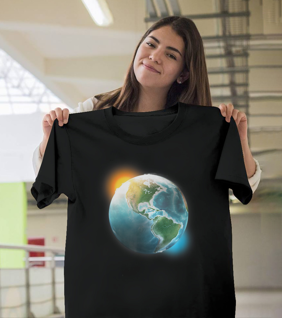 Planet Earth Perfect For Space Enthusiasts North And South America View With Sunlight Glow T-Shirt