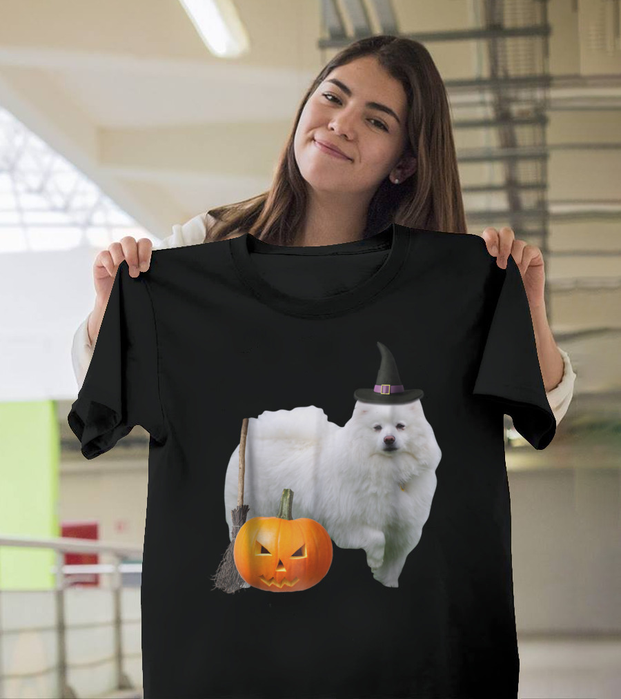 American Eskimo Witch Hat Broom Jack-O'-Lantern Halloween Dog T-Shirt