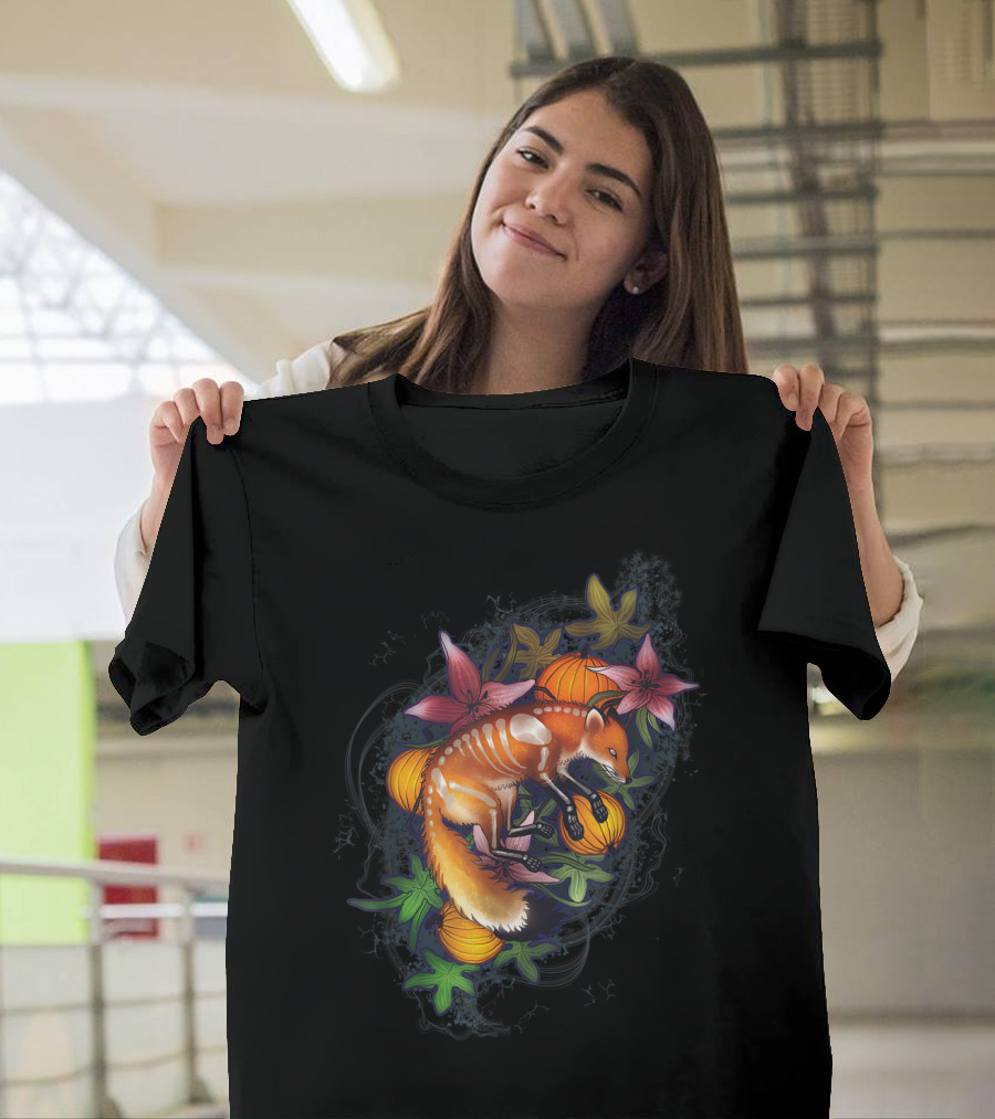 Artistic Skeleton Red Fox with Pumpkins and Flowers Unique Autumn T-Shirt