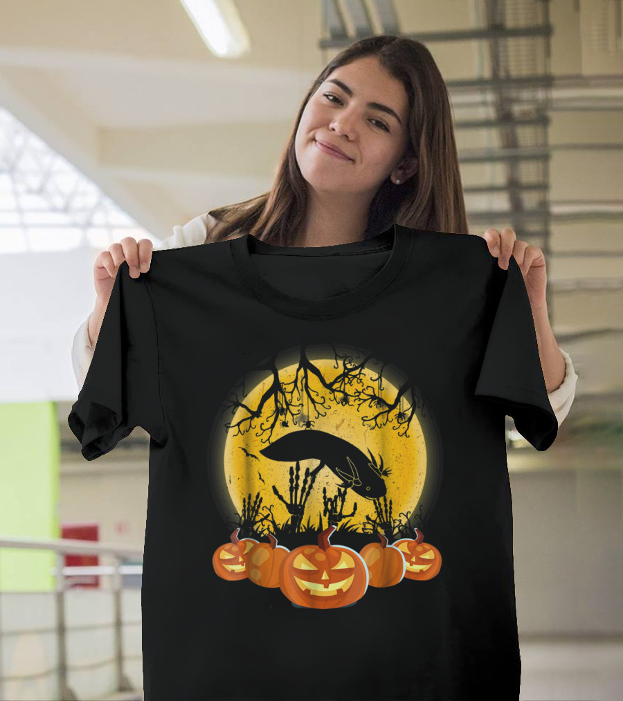Halloween Night Axolotl and Jack-O'-Lanterns Moon Scene T-Shirt