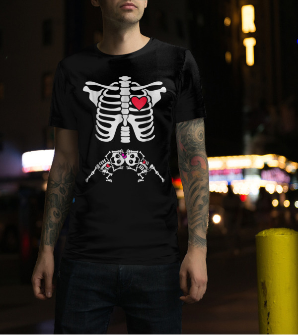 Pregnancy Skeleton With Baby Twins And Heart T-Shirt