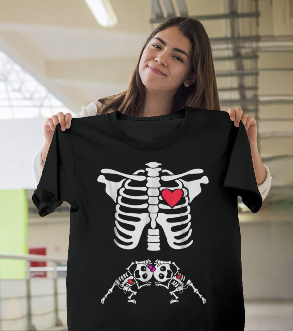 Pregnancy Skeleton With Baby Twins And Heart T-Shirt