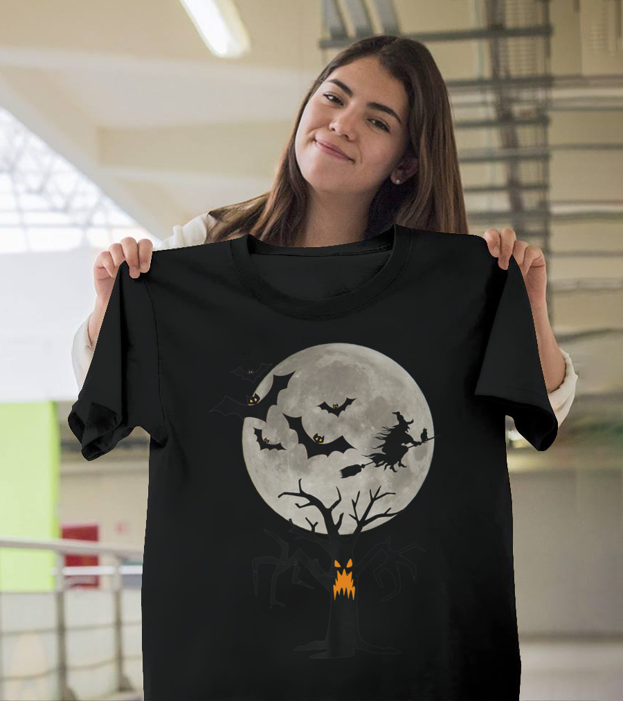 Boo Halloween Moon with Flying Bats and Witch on Broomstick T-Shirt