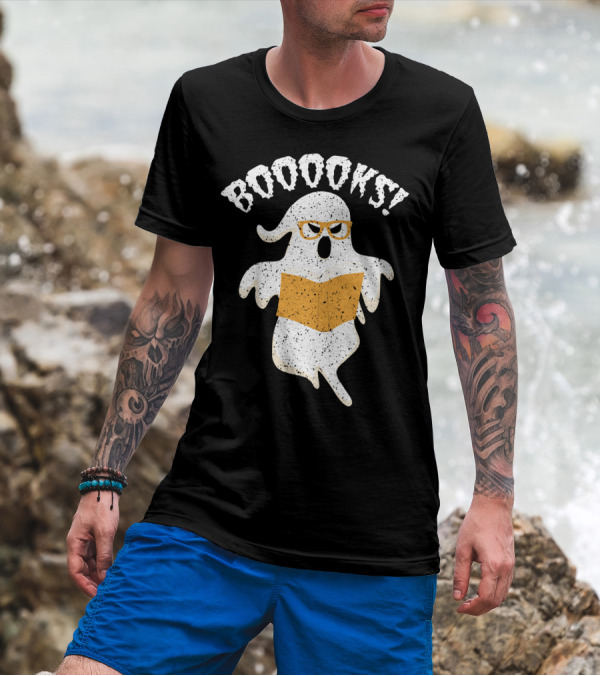 BOOOOKS Ghost With Glasses Halloween Reading Nerd T-Shirt