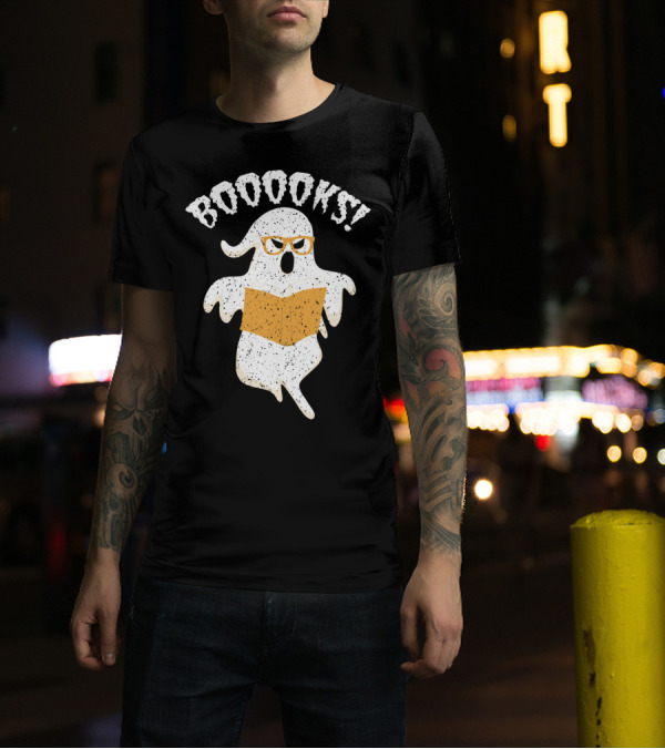 BOOOOKS Ghost With Glasses Halloween Reading Nerd T-Shirt