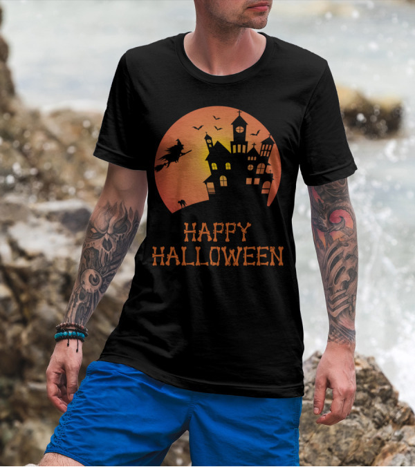 Happy Halloween Witch Haunted House Silhouette Moon Bats T-Shirt