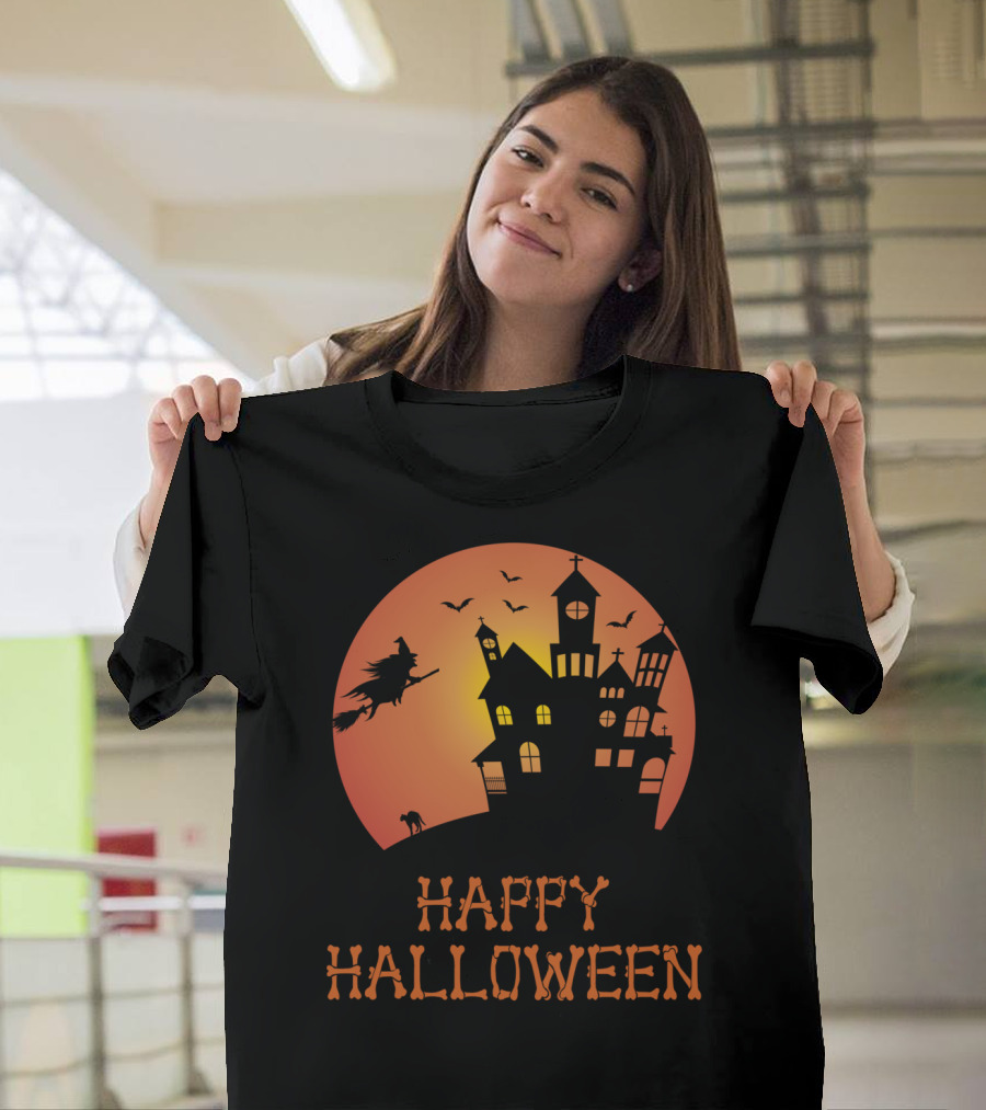 Happy Halloween Witch Haunted House Silhouette Moon Bats T-Shirt