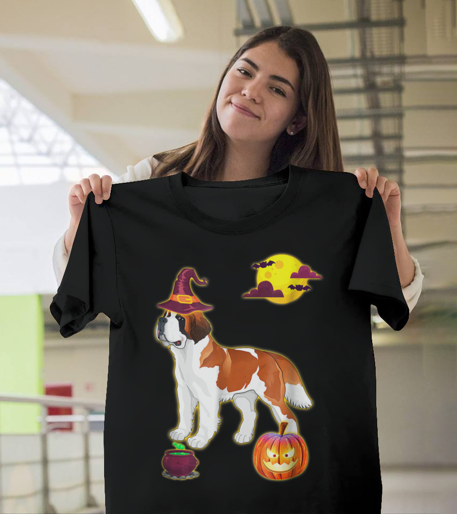 Saint Bernard Halloween Witch Hat Cauldron Pumpkin Moon T-Shirt