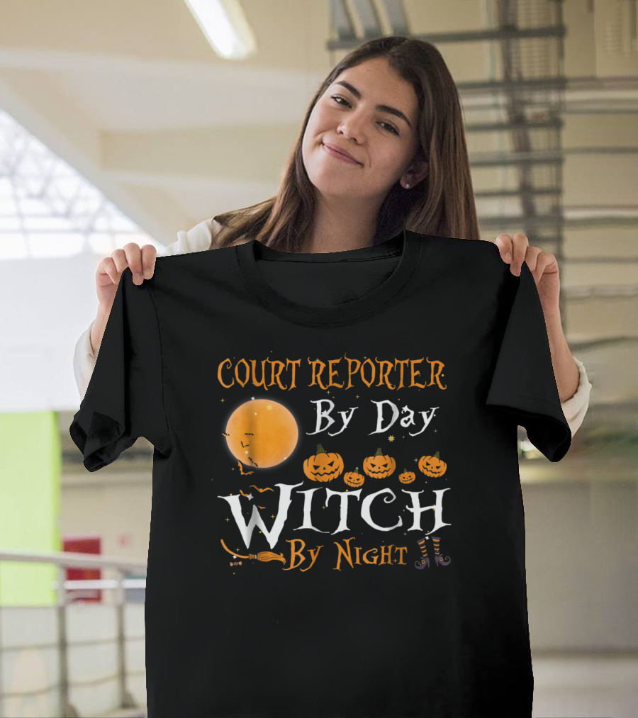 Court Reporter By Day Witch By Night Halloween Pumpkins Moon Bats T-Shirt