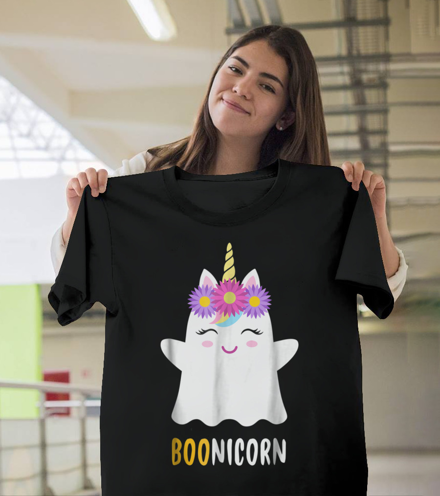 Boonicorn Unicorn Ghost with Flower Crown and Smiling Face T-Shirt