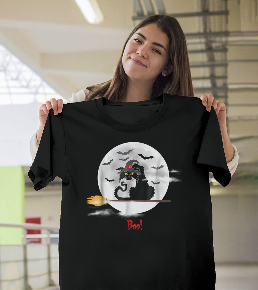 Boo Cute Scary Halloween Black Cat With Witches Hat and Broom Full Moon Bats T-Shirt