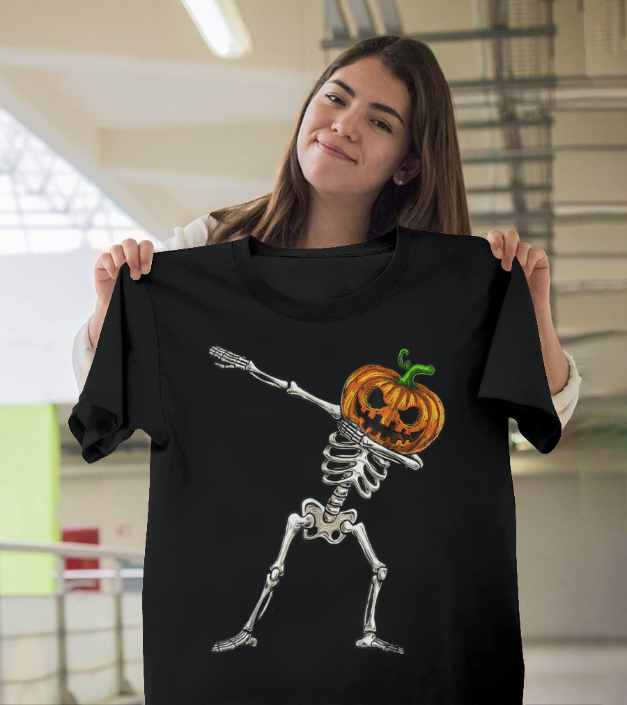 Dabbing Skeleton with Pumpkin Head Halloween Costume T-Shirt