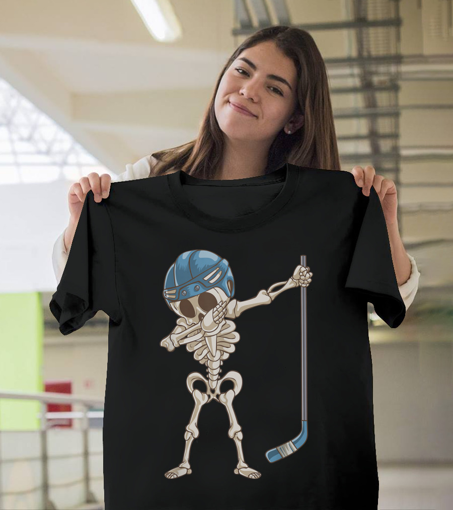 Dabbing Skeleton Hockey Player in Blue Helmet with Stick T-Shirt