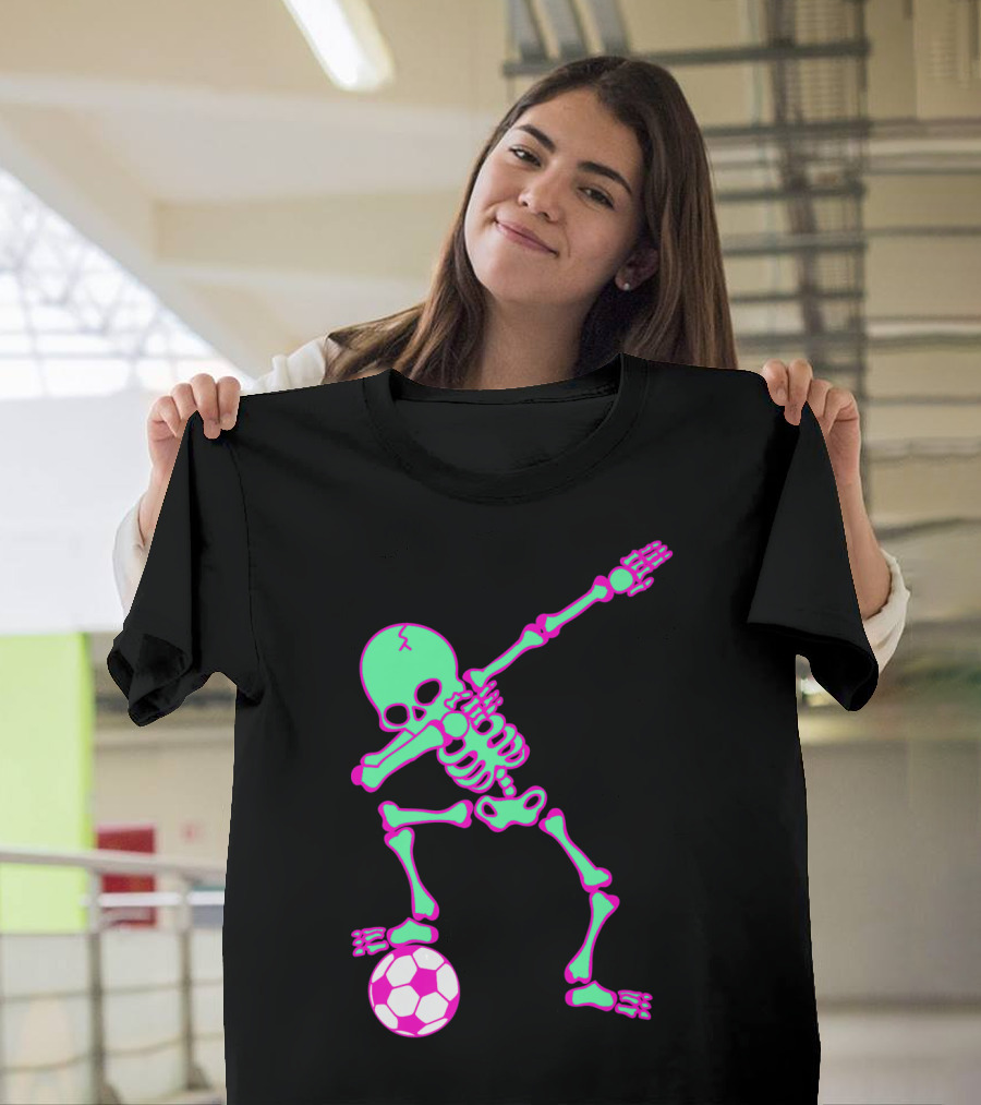 Dabbing Skeleton Soccer Halloween Costume Dab Neon Skeleton Soccer Ball T-Shirt