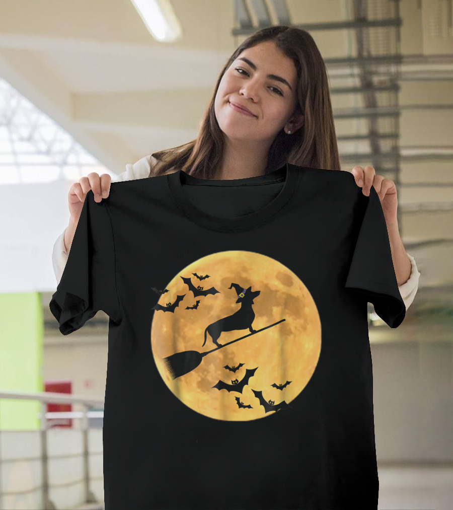 Dachshund Witch Dog Flying on Broomstick in Front of Full Halloween Moon with Bats T-Shirt