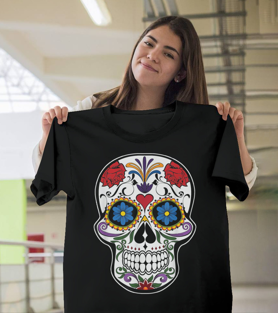 Day Of The Dead Flower Sugar Skull Red Roses Blue Flowers T-Shirt