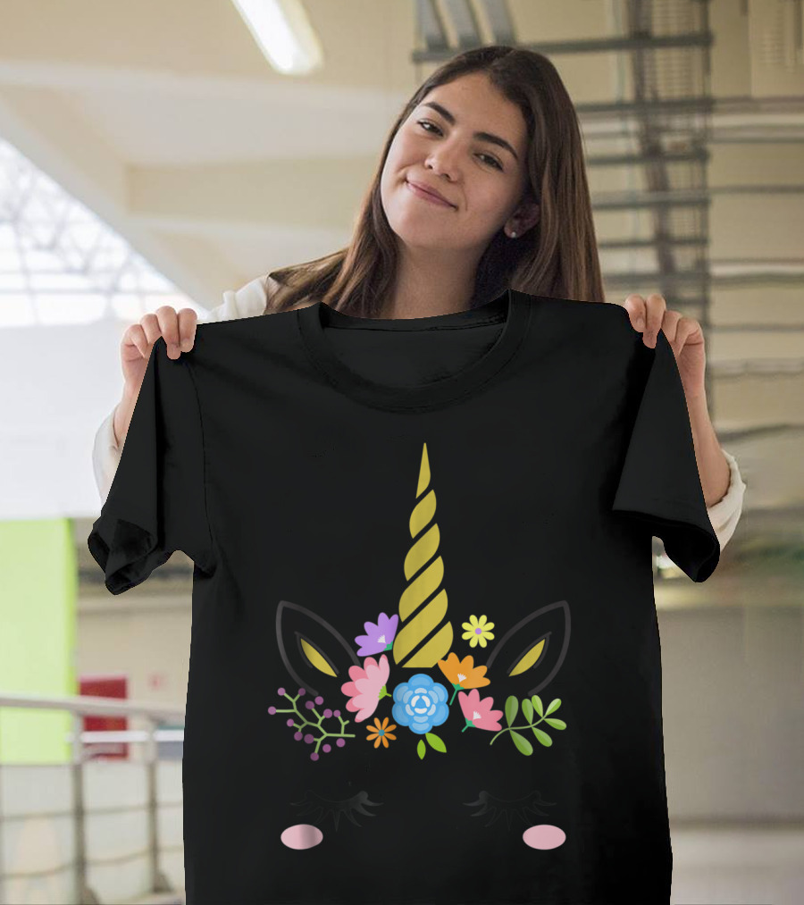 Floral Unicorn Face with Flowers and Horn T-Shirt