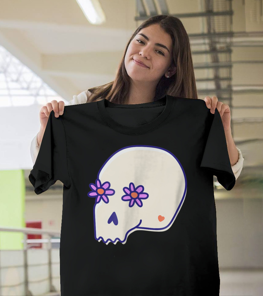 Sugar Skull with Flower Eyes and Heart for Spooky Halloween T-Shirt