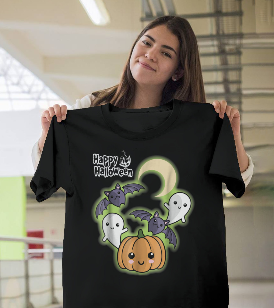 Happy Halloween Cute Pumpkin Bat Ghost Moon T-Shirt