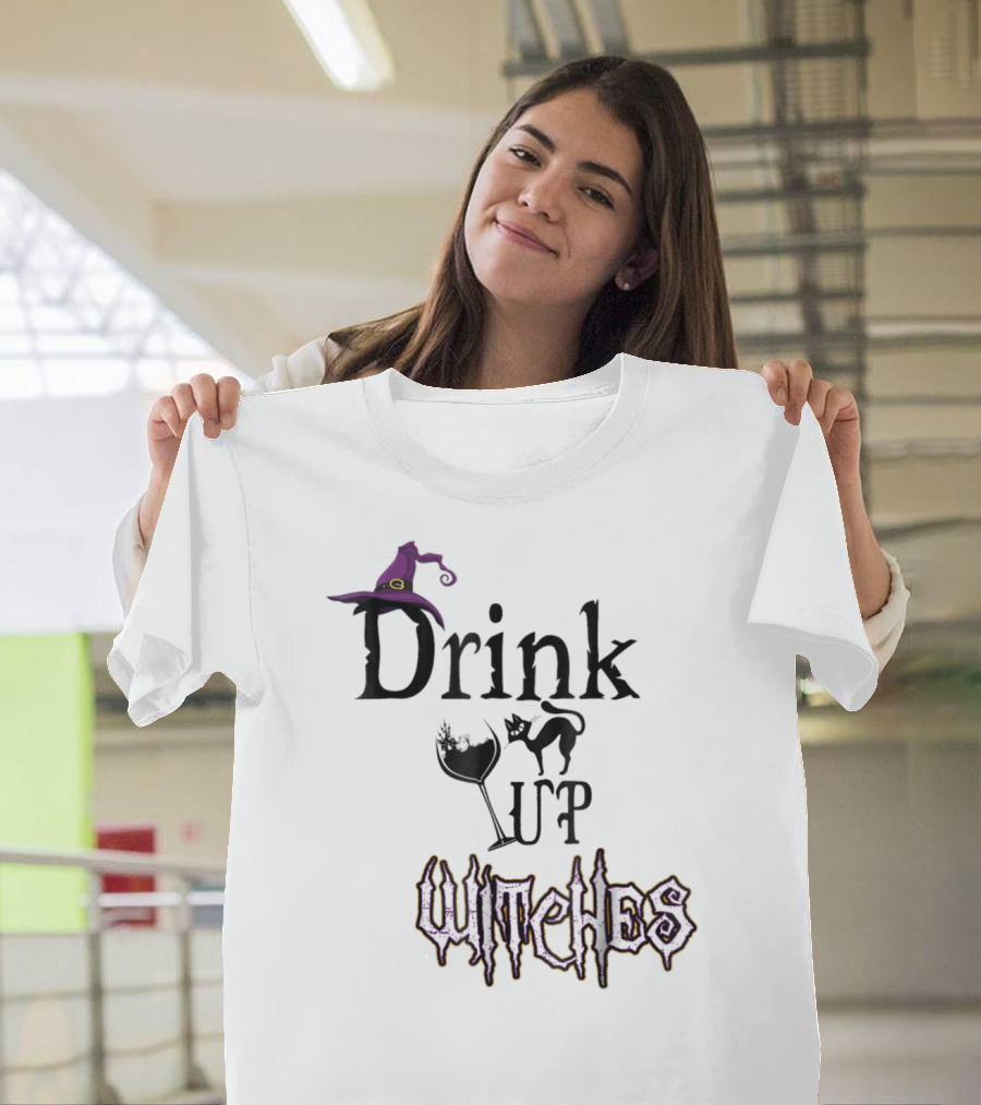 Drink Up Witches Halloween Witch Hat Wine Glass Black Cat T-Shirt