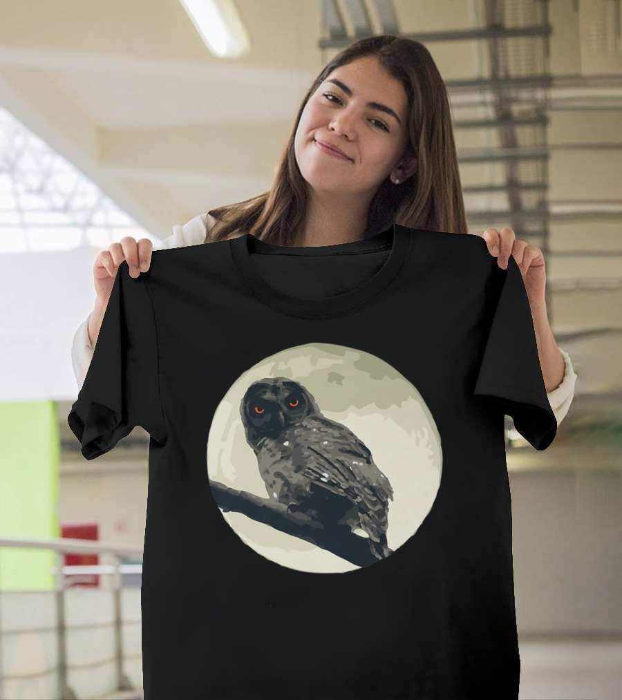 Creepy Spooky Owl with Red Eyes on Moonlit Branch T-Shirt
