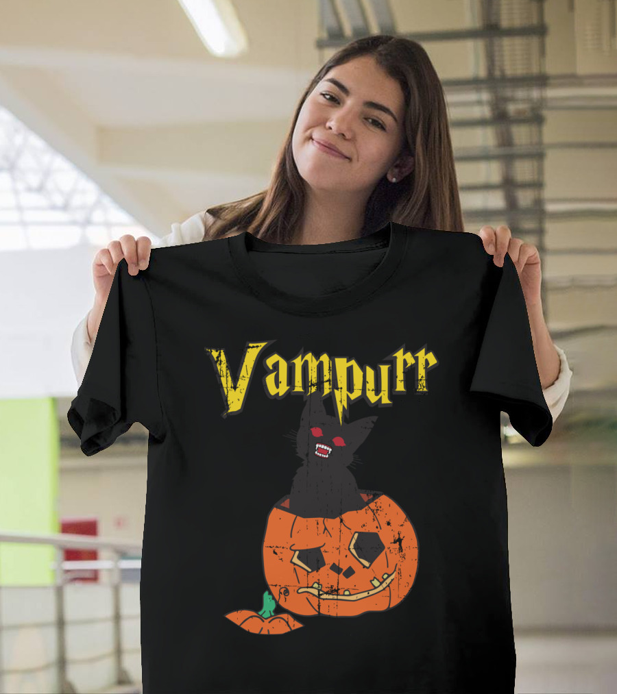 Vampurr Cat in Pumpkin with Red Eyes Halloween Vampire T-Shirt