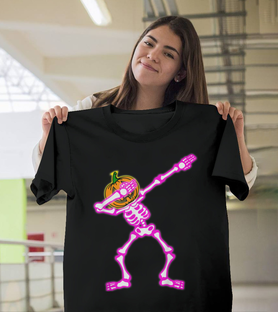 Funny Dabbing Skeleton Halloween Pumpkin Dab Neon Glow T-Shirt