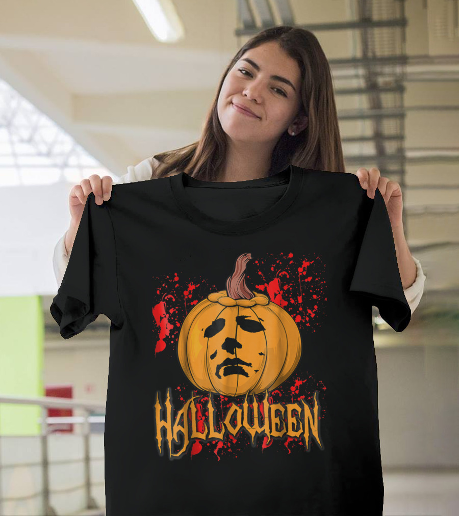 Halloween Michael Myers Pumpkin Face with Blood Splatter T-Shirt