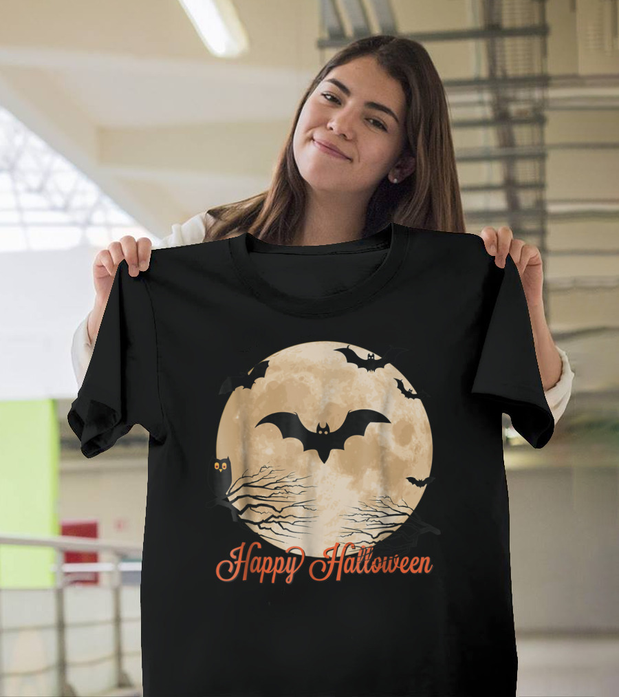 Happy Halloween Moon with Bats and Owl T-Shirt