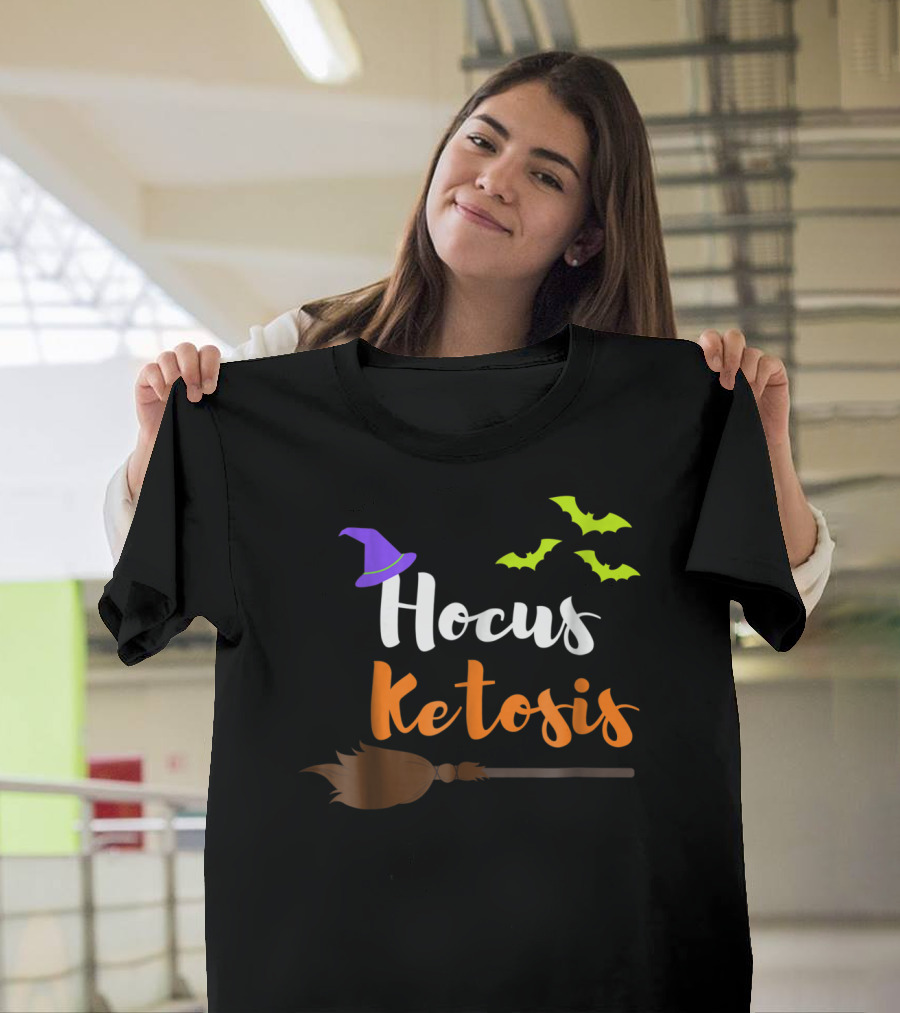 Hocus Ketosis Keto Witch Hat Broom and Bats T-Shirt