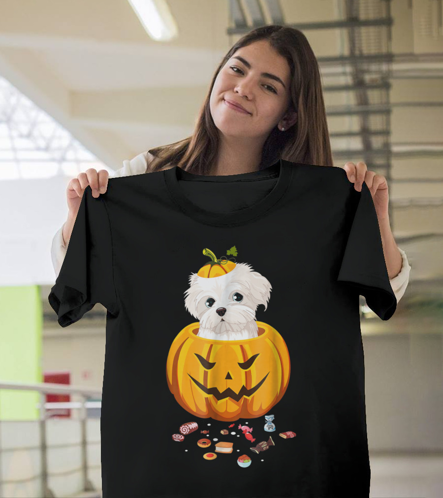 Maltese Dog in Jack-o'-Lantern Pumpkin with Halloween Candy T-Shirt