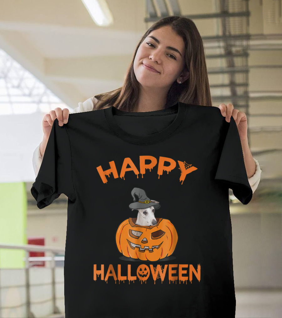 Happy Halloween Whippet in Jack-o'-Lantern with Witch Hat T-Shirt
