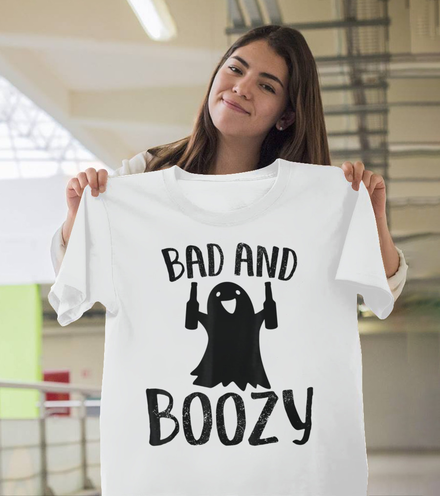 Bad And Boozy Halloween Ghost With Bottles T-Shirt