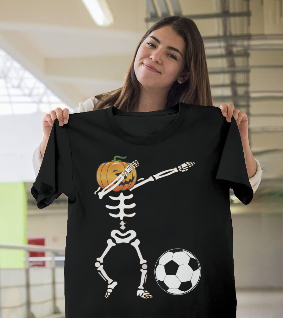 Halloween Dabbing Skeleton Pumpkin Head and Soccer Ball T-Shirt