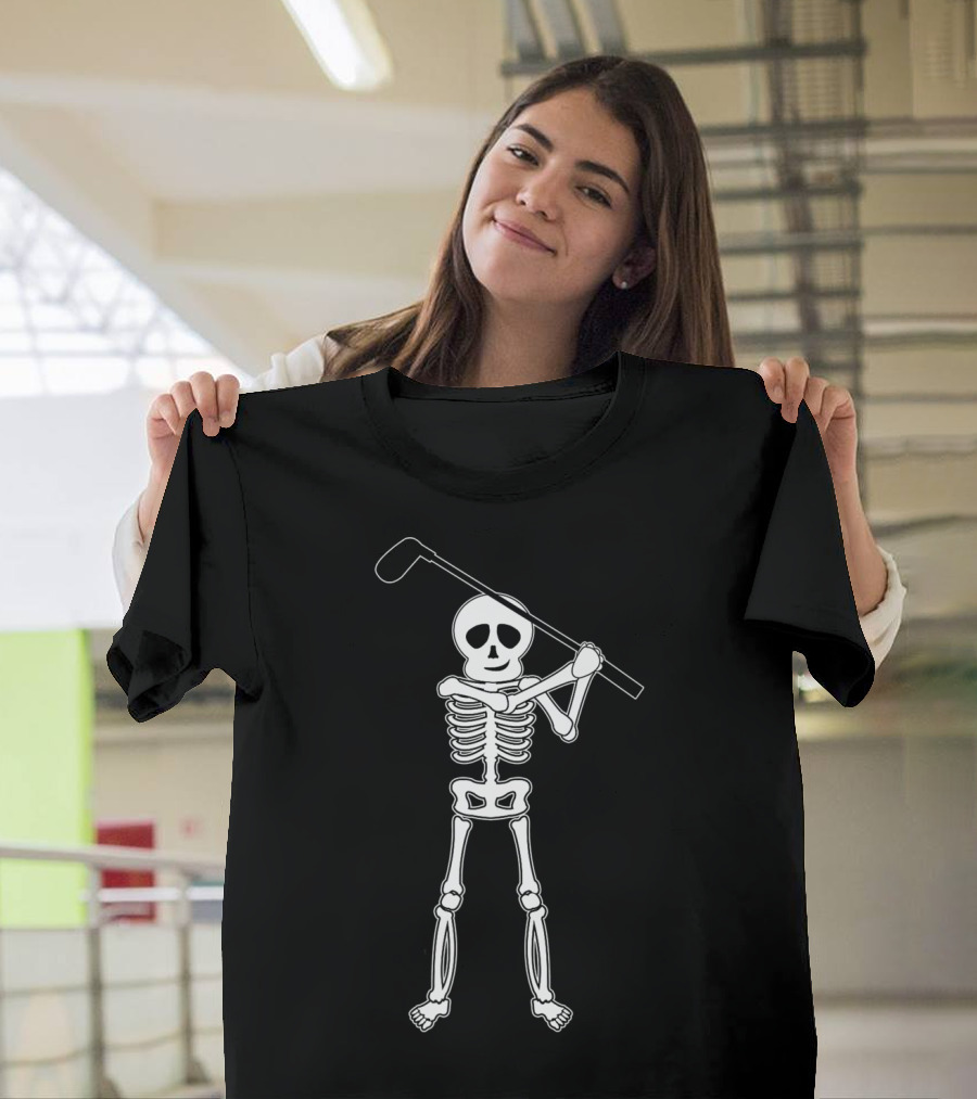 Halloween Skeleton Golfer Holding Golf Club Funny Golfing T-Shirt