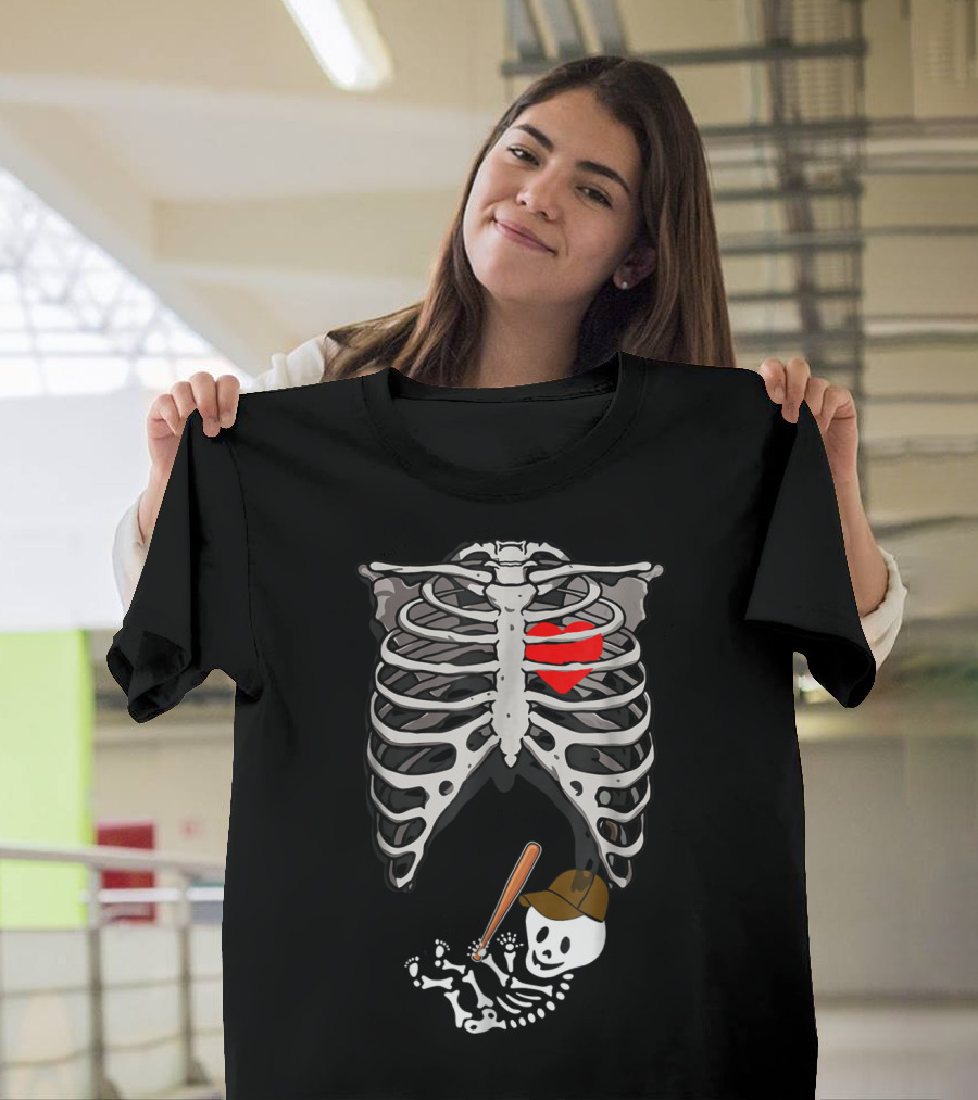 Skeleton Ribcage with Heart and Baseball Pitcher Skeleton Baby Halloween T-Shirt