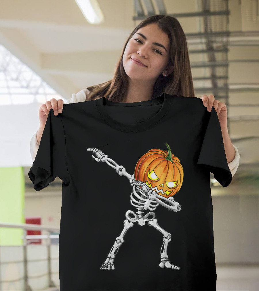 Halloween Kids Dabbing Skeleton Pumpkin Head T-Shirt