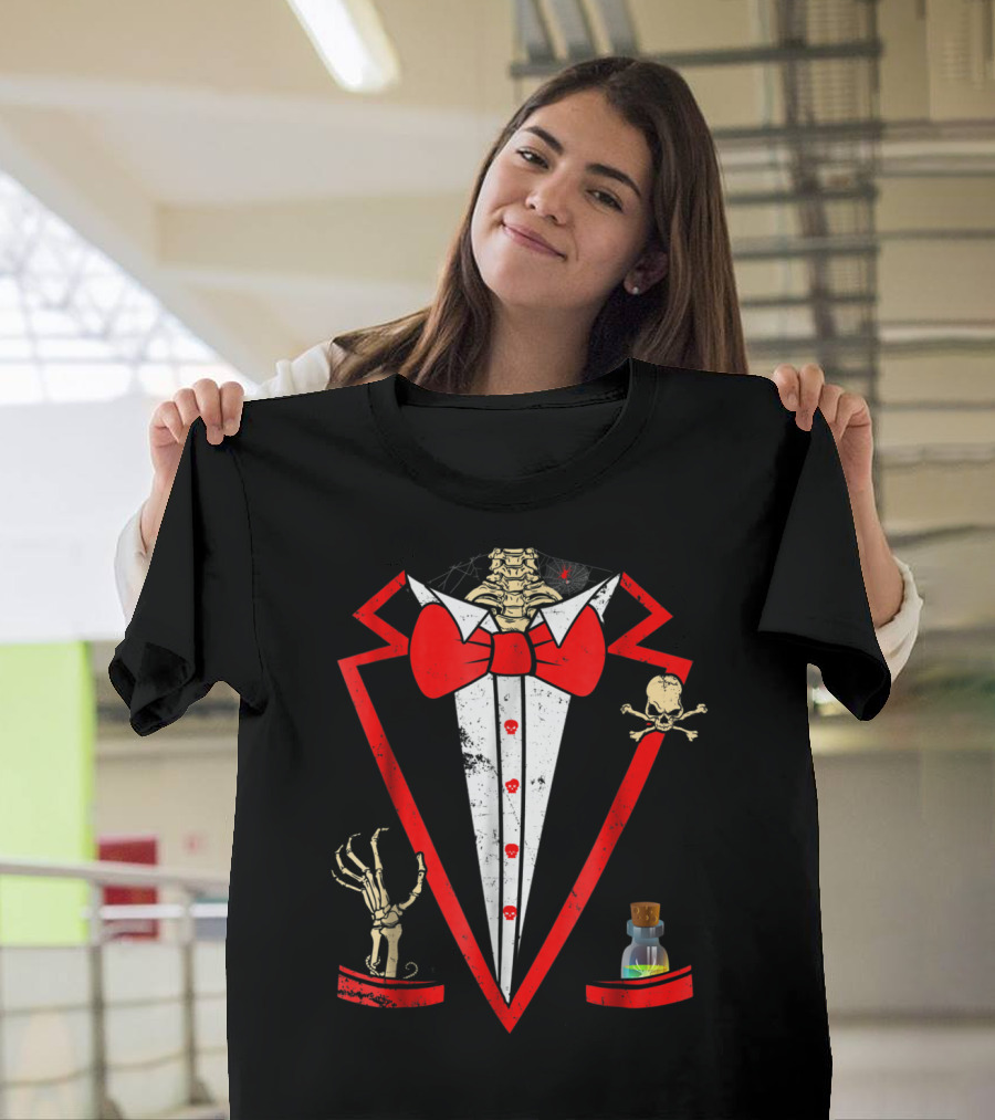 Halloween Skeleton Tuxedo Red Bow Tie Skull Potion Skeleton Hand T-Shirt