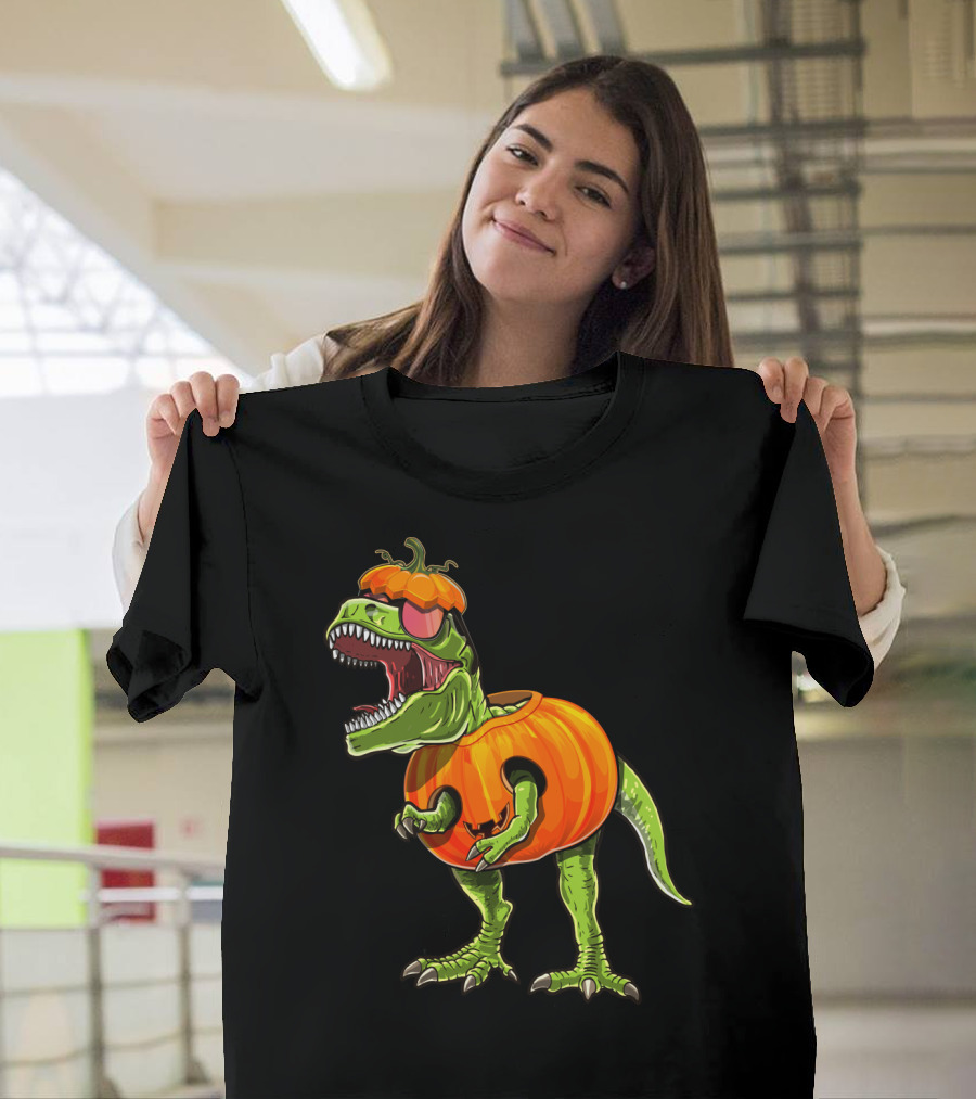 Halloween T-Rex Dinosaur Wearing Pumpkin Costume T-Shirt