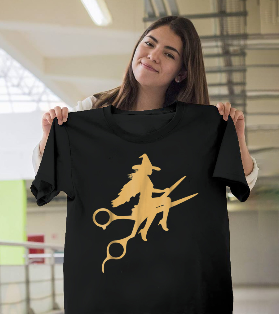 Halloween Witch Riding Barber Scissors Hair Stylist T-Shirt