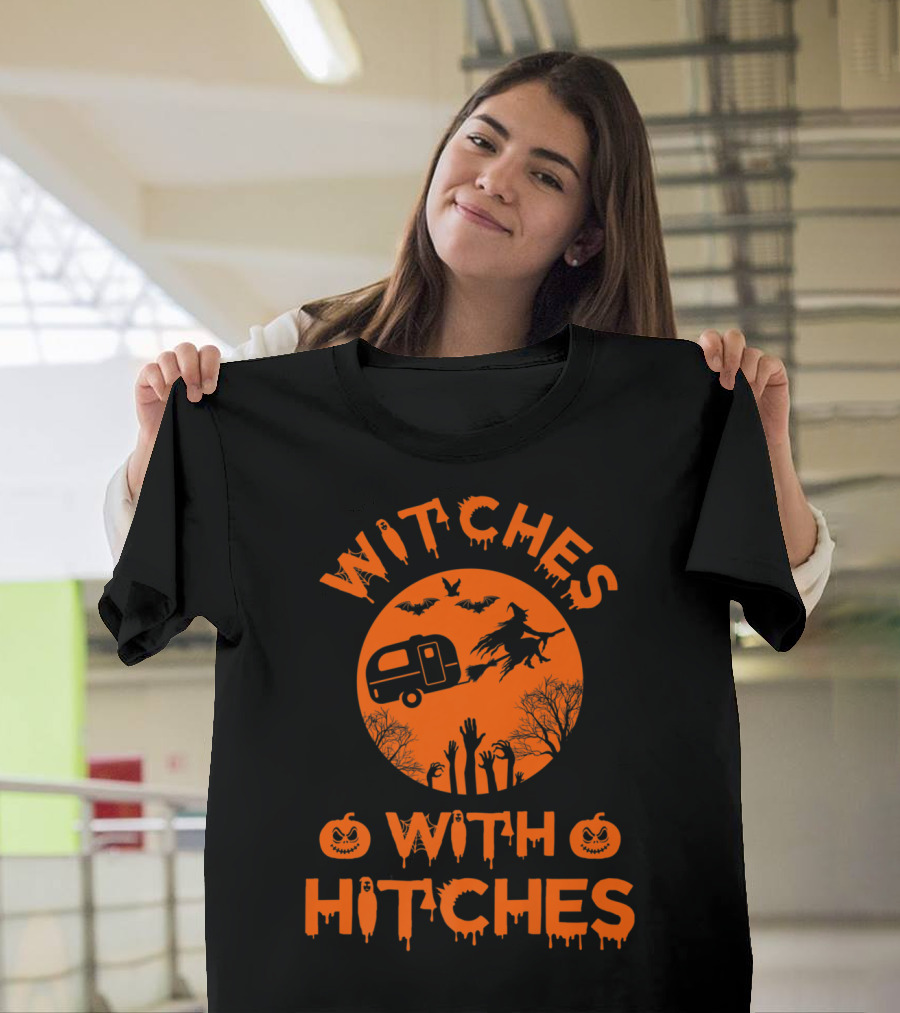 Witches With Hitches Halloween Camper Bats Moon Pumpkin T-Shirt