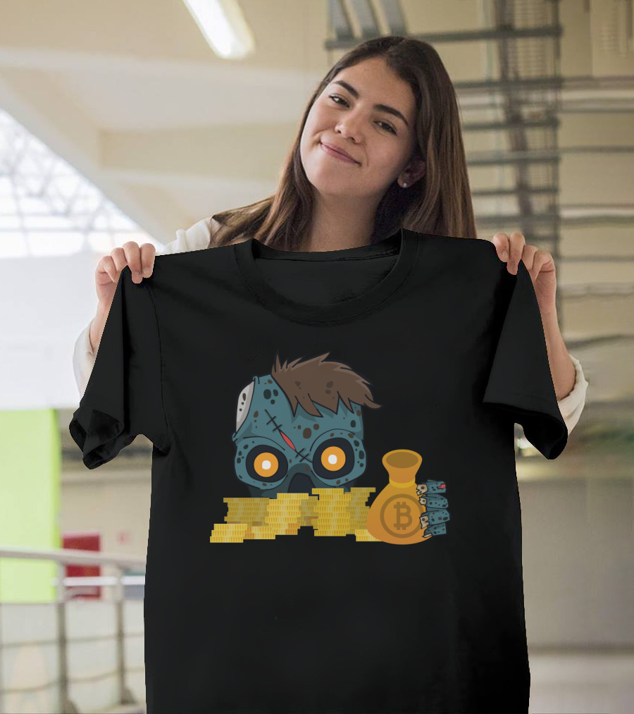 Zombie Holding Bitcoin Coins Halloween Crypto Visualization T-Shirt