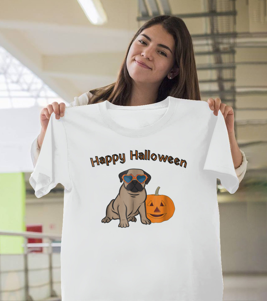 Happy Halloween Pug Wearing Heart Sunglasses with Pumpkin T-Shirt