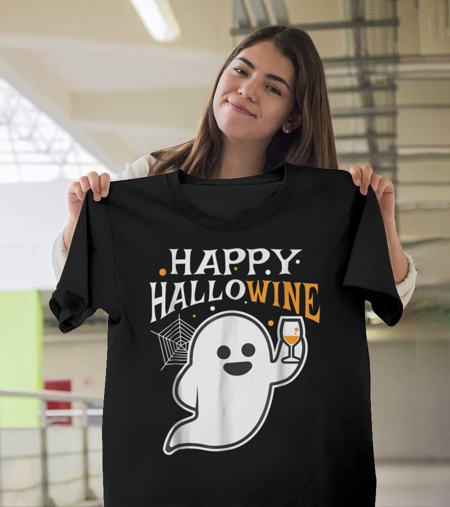 Happy Hallowine Halloween Drinking Wine Ghost with Wine Glass and Spider Web T-Shirt