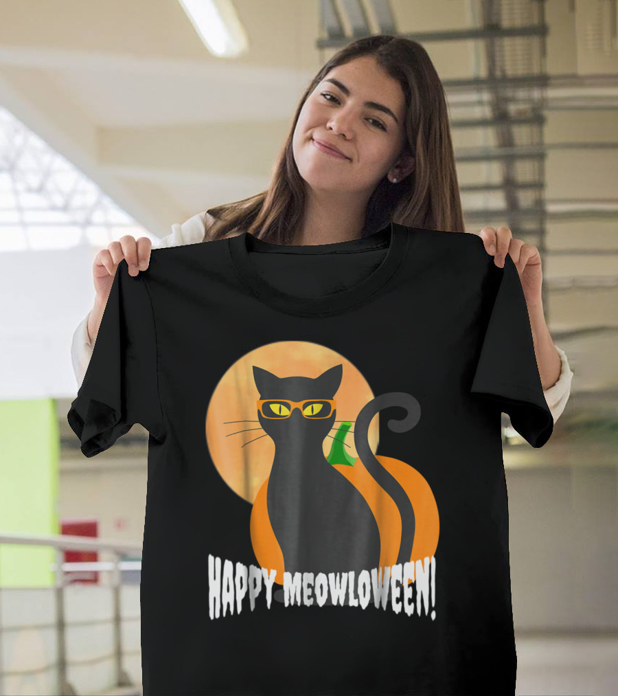 Happy Meowloween Hipster Halloween Cat with Glasses and Moon T-Shirt